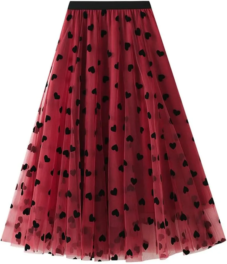Women's Midi Length Skirt Layered Tulle A Line Skirts Heart Print