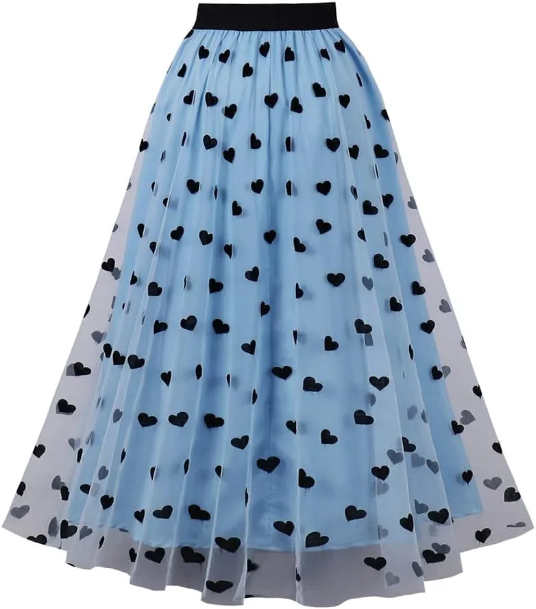 Women's Midi Length Skirt Layered Tulle A Line Skirts Heart Print