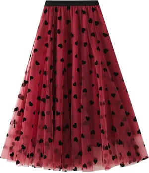 Women's Midi Length Skirt Layered Tulle A Line Skirts Heart Print