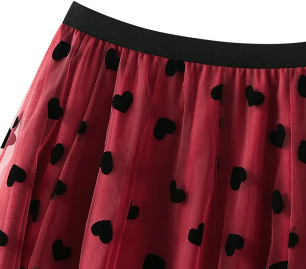 Women's Midi Length Skirt Layered Tulle A Line Skirts Heart Print