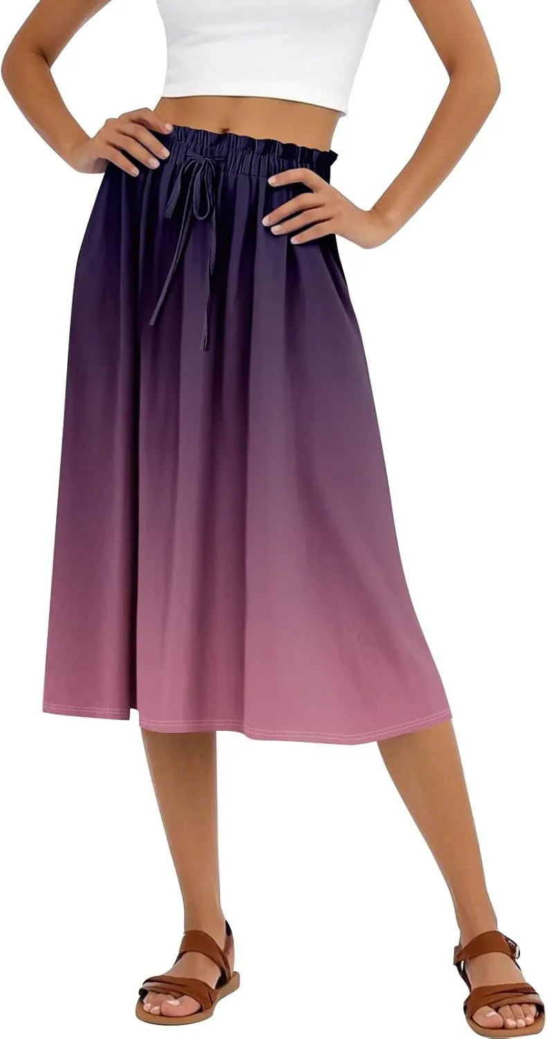 Womens Midi Skirts A Line Casual Trendy Elastic High Waisted Pleated Flowy Vacation Beach Party Midi Length Skirts