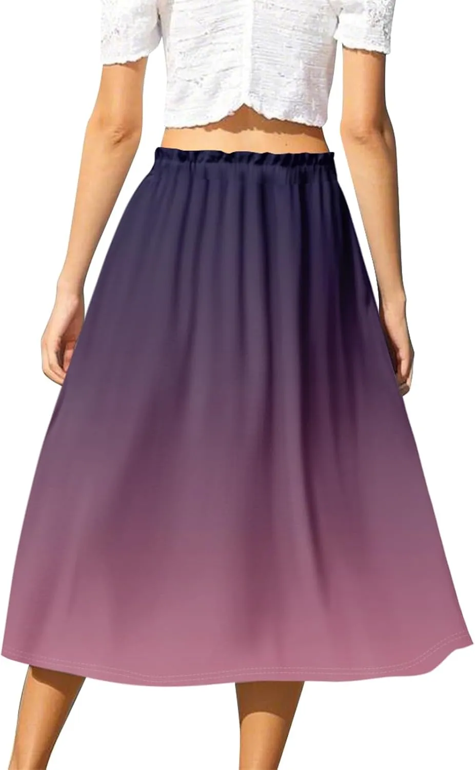 Womens Midi Skirts A Line Casual Trendy Elastic High Waisted Pleated Flowy Vacation Beach Party Midi Length Skirts