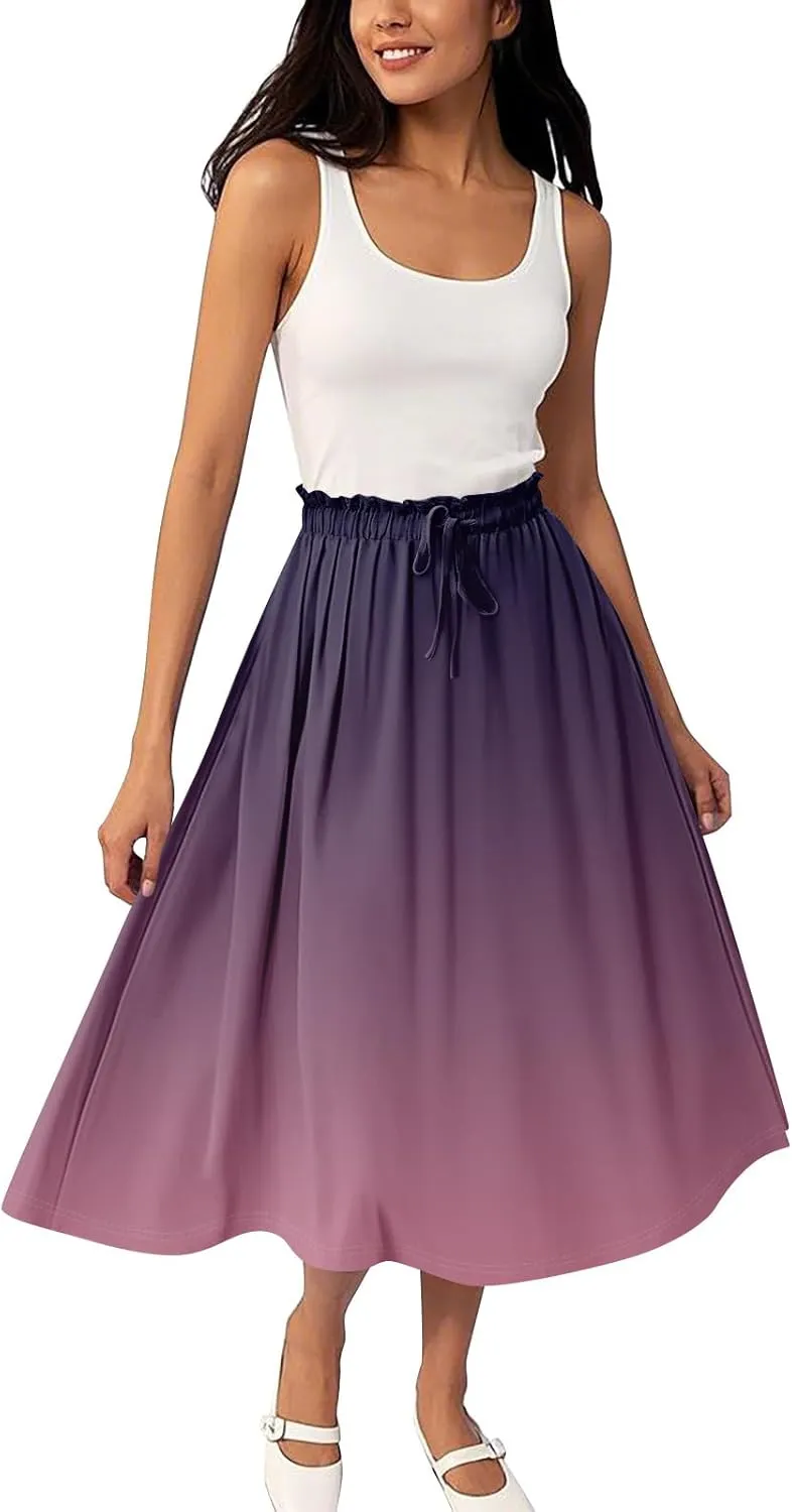 Womens Midi Skirts A Line Casual Trendy Elastic High Waisted Pleated Flowy Vacation Beach Party Midi Length Skirts
