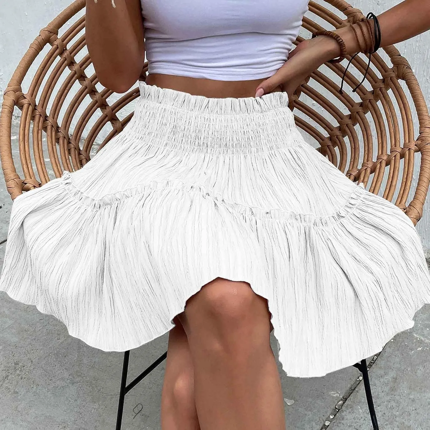 Women's Mini Skirt Summer Beach Skirt Casual Elastic High Waist Pleated A Line Ruffle Hem Flowy A Line Short Skirt