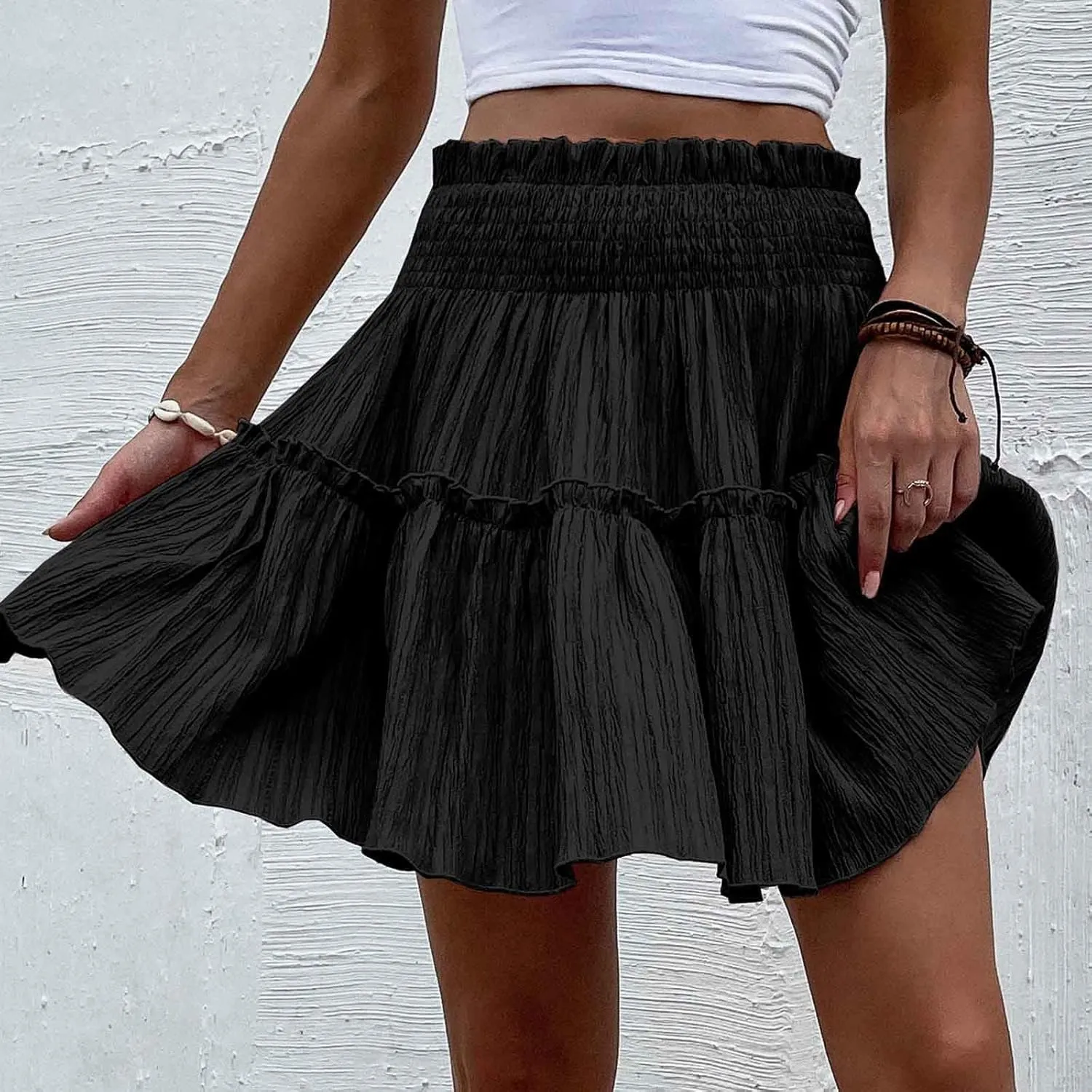 Women's Mini Skirt Summer Beach Skirt Casual Elastic High Waist Pleated A Line Ruffle Hem Flowy A Line Short Skirt