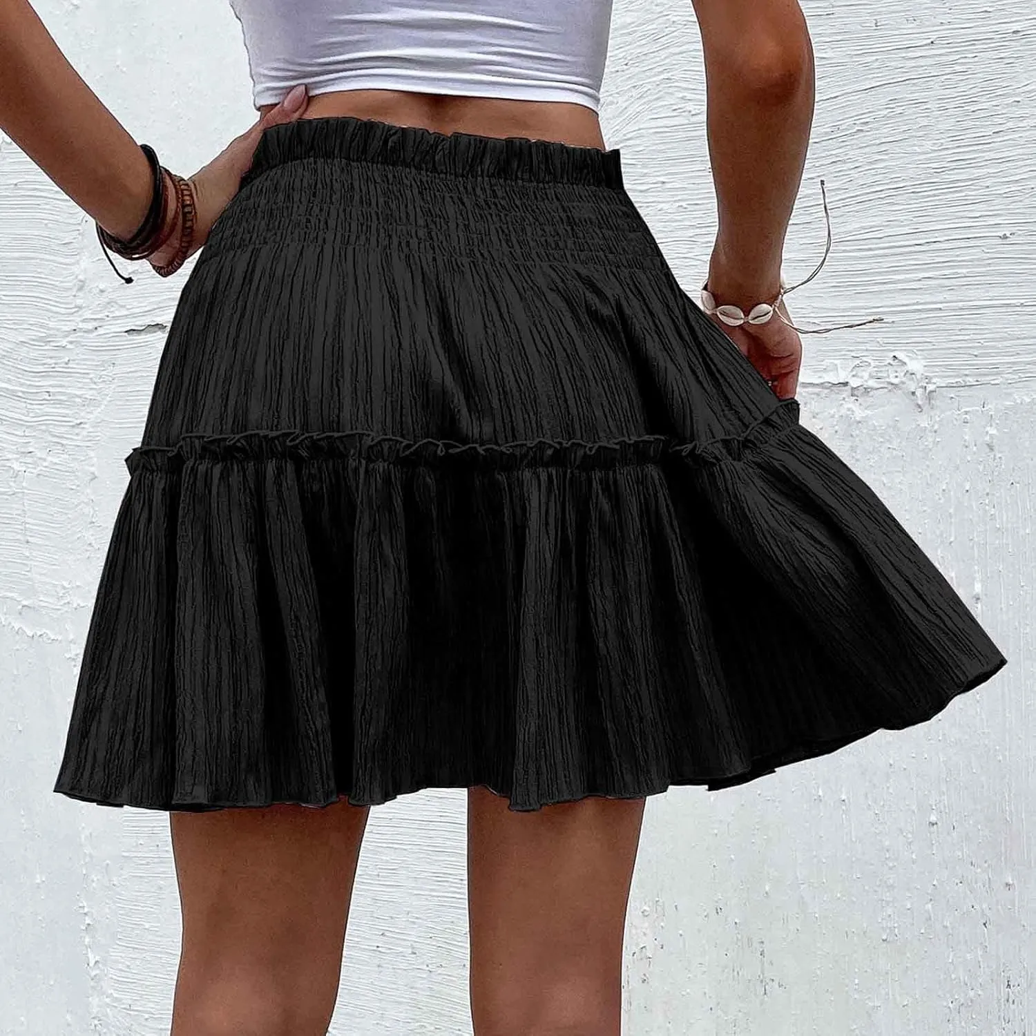 Women's Mini Skirt Summer Beach Skirt Casual Elastic High Waist Pleated A Line Ruffle Hem Flowy A Line Short Skirt