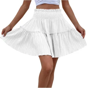 Women's Mini Skirt Summer Beach Skirt Casual Elastic High Waist Pleated A Line Ruffle Hem Flowy A Line Short Skirt