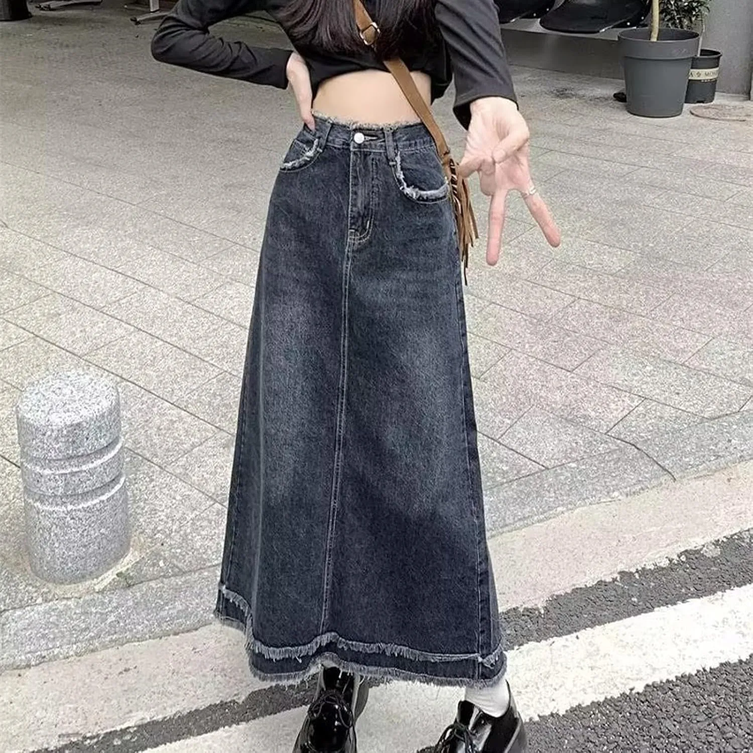 Women's Oversized high Waisted mid Length Distressed Denim Skirt, Casual Retro Ruffled Denim Skirt