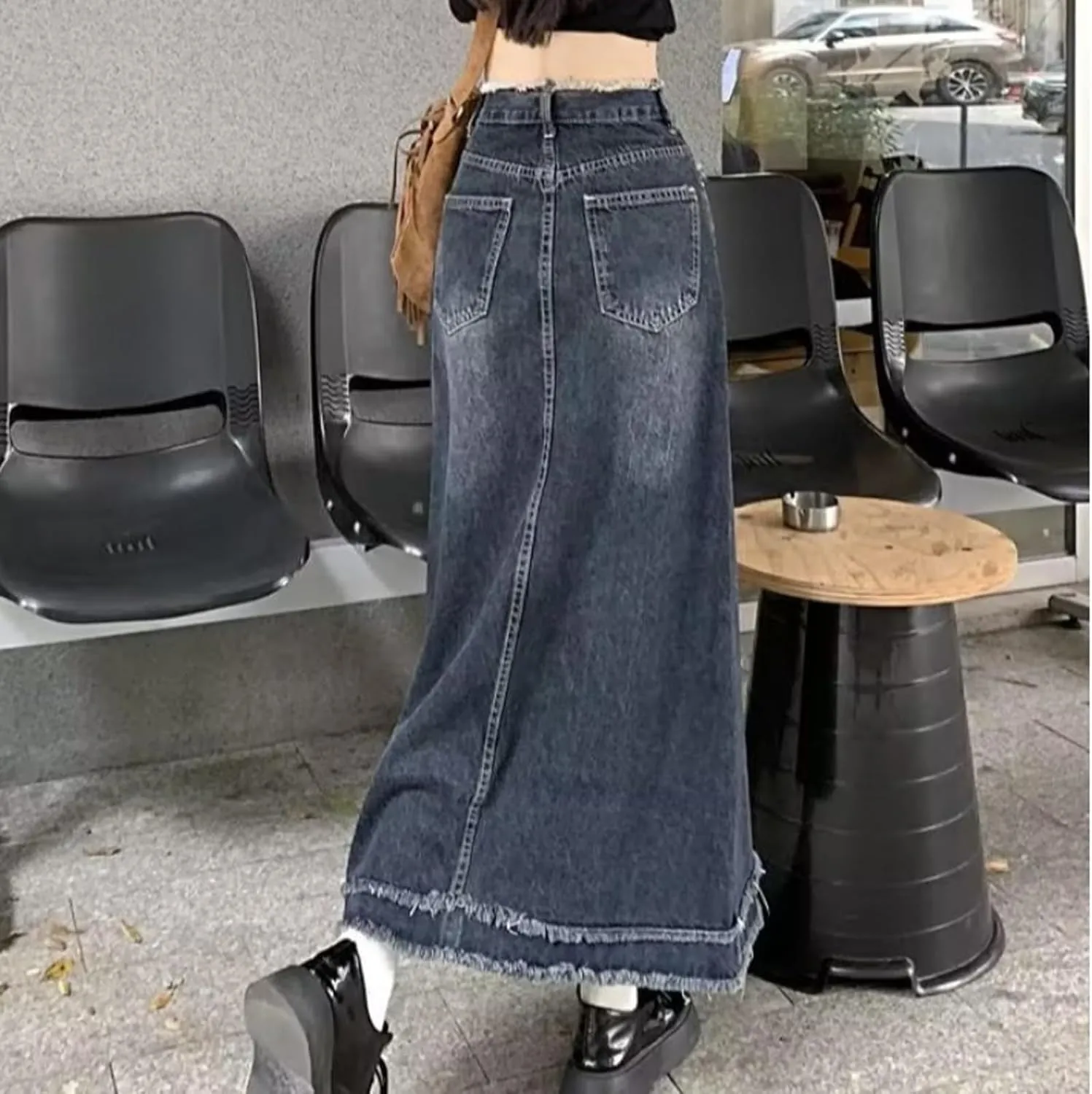 Women's Oversized high Waisted mid Length Distressed Denim Skirt, Casual Retro Ruffled Denim Skirt