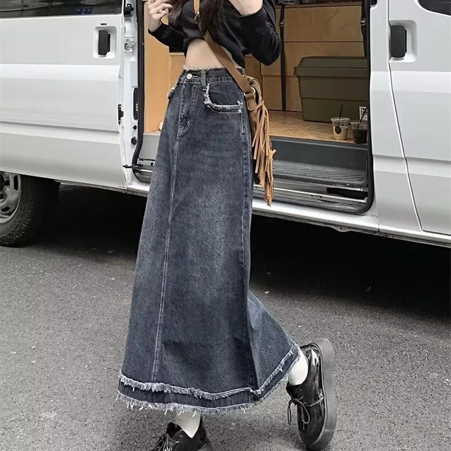 Women's Oversized high Waisted mid Length Distressed Denim Skirt, Casual Retro Ruffled Denim Skirt