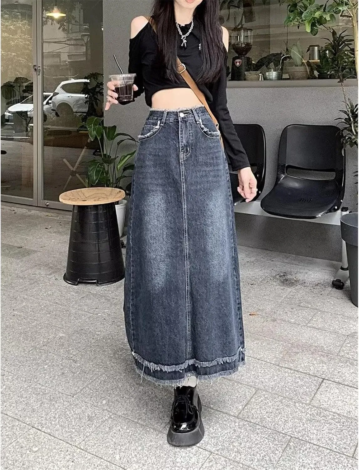 Women's Oversized high Waisted mid Length Distressed Denim Skirt, Casual Retro Ruffled Denim Skirt