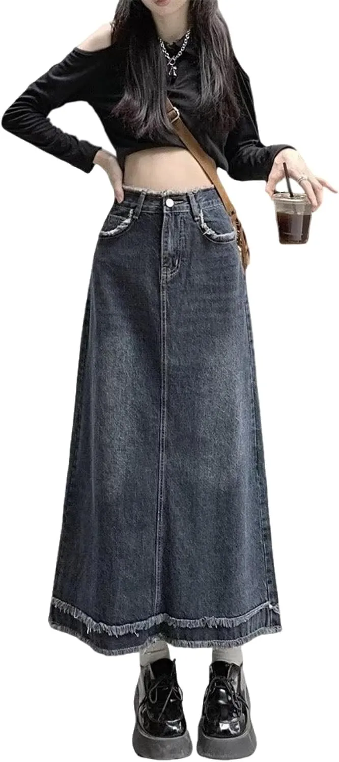 Women's Oversized high Waisted mid Length Distressed Denim Skirt, Casual Retro Ruffled Denim Skirt