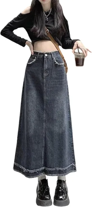 Women's Oversized high Waisted mid Length Distressed Denim Skirt, Casual Retro Ruffled Denim Skirt
