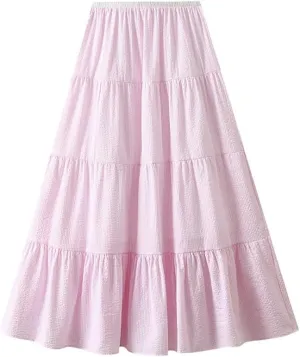 Women's Pleated A-Line High Waist Swing Flare Midi Skirt for Women Sweet A-Line Flare Dress with Adjustable Waistband, Pink