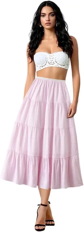 Women's Pleated A-Line High Waist Swing Flare Midi Skirt for Women Sweet A-Line Flare Dress with Adjustable Waistband, Pink