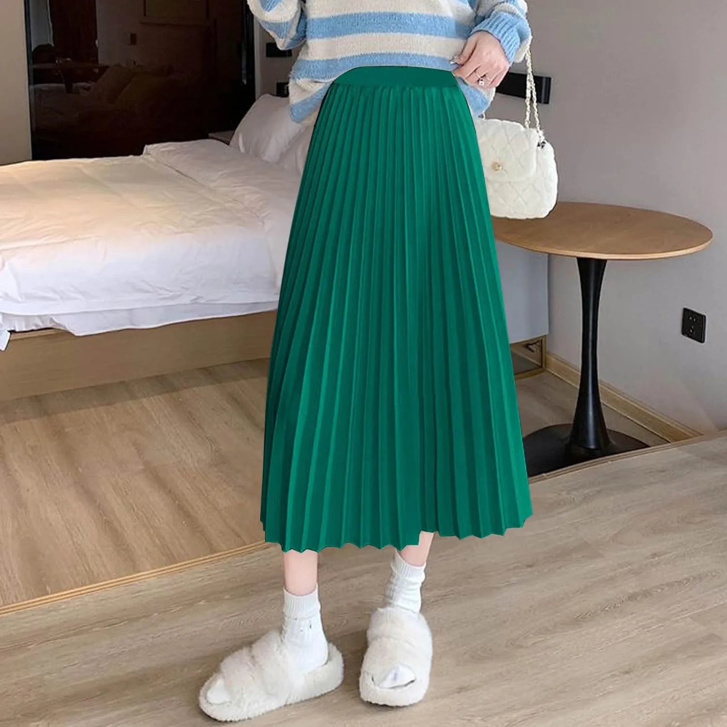 Women's Pleated A-Line Midi Skirts Trendy Casual Loose Elastic High Waist Swing Skirt Solid Flowy A-Line Long Skirts
