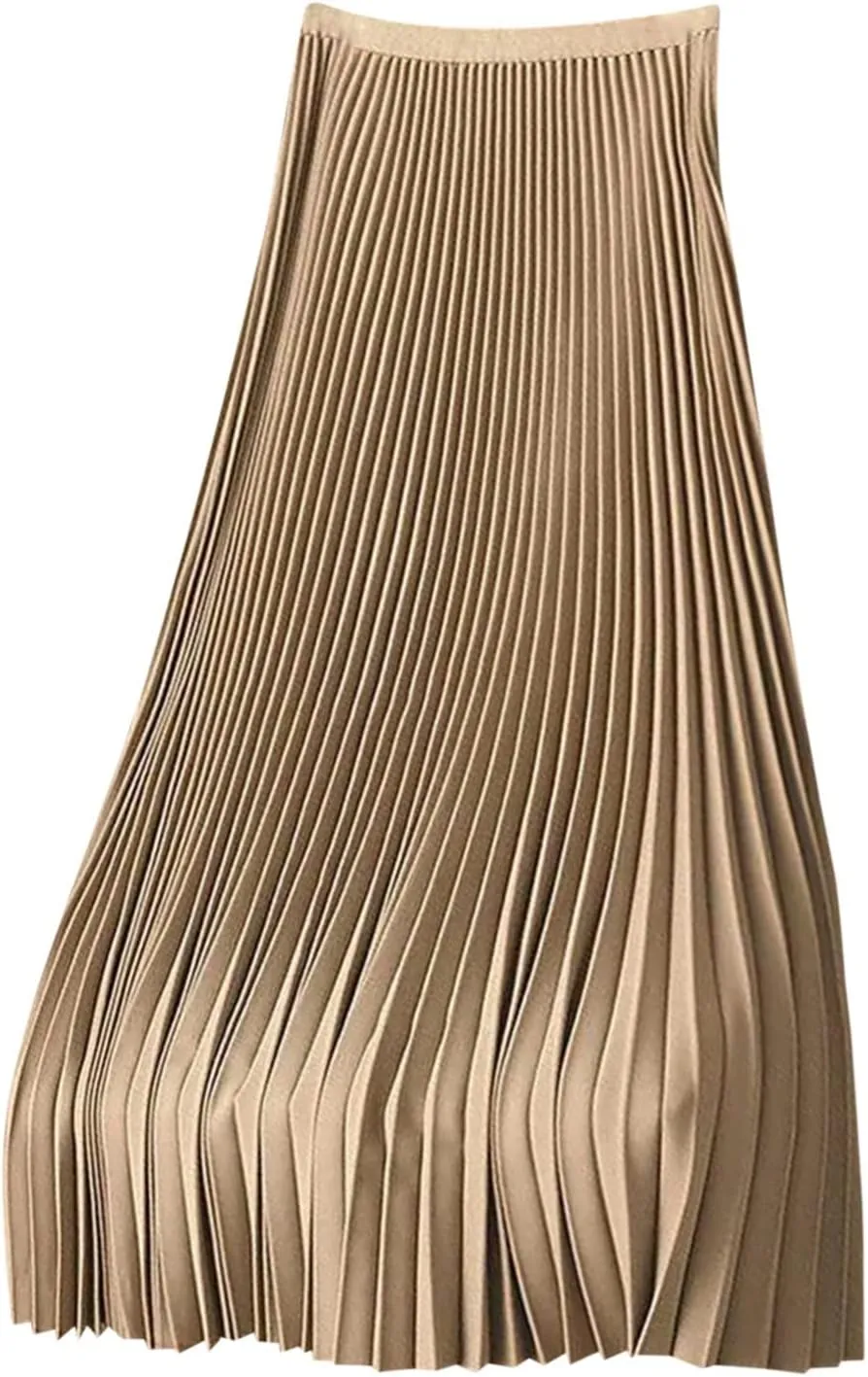 Women's Pleated Midi Skirt, Women High Waist Swing Boho Pleated Skirt Casual Elastic A line Long Skirts Gold