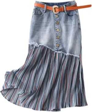 Women's raw Edge denim skirt, irregular splicing pleated high waist Denim skirt, slim A-line casual denim skirt