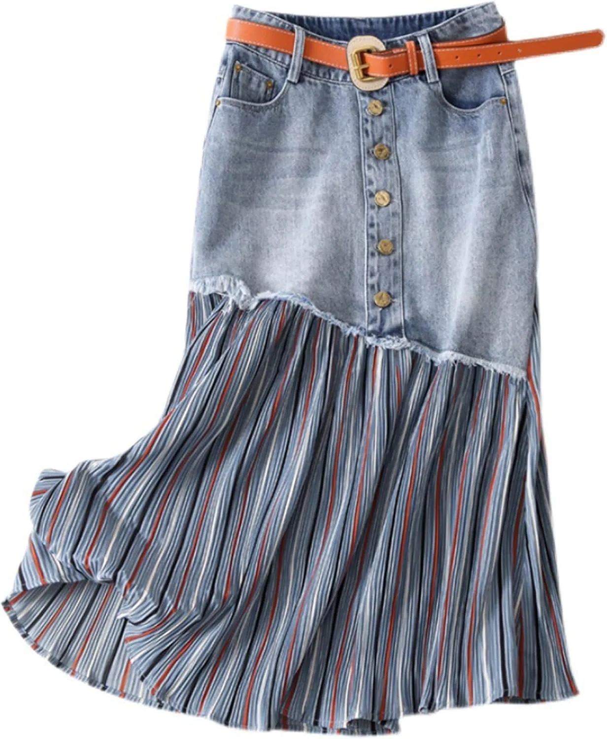 Women's raw Edge denim skirt, irregular splicing pleated high waist Denim skirt, slim A-line casual denim skirt