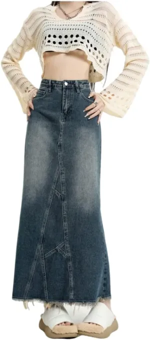 Women's Retro Denim Skirt, high Waisted Split Fish Tail Denim Long Skirt, Casual raw Hem Over Knee Denim Skirt (Large,Large,Regular,Regular)
