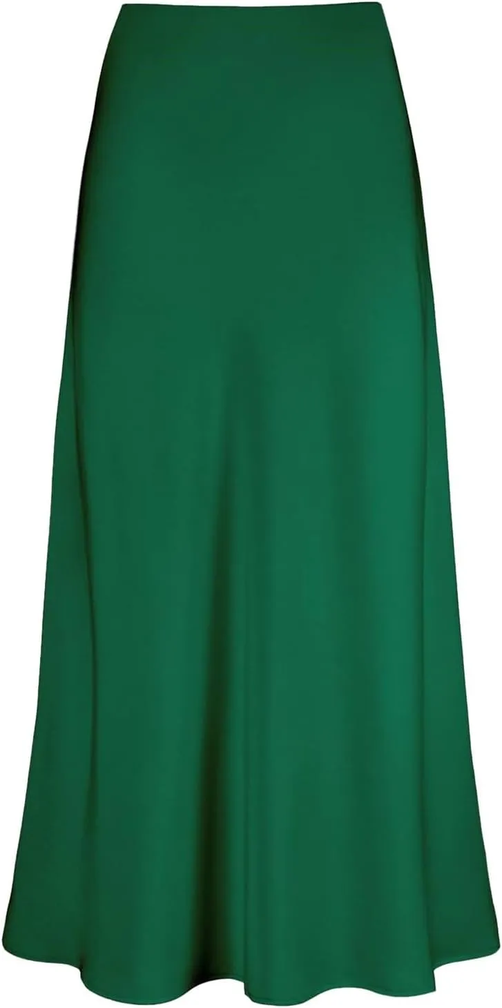 Women's Satin High Waisted Maxi Skirts Hidden Elasticized Waistband Elegant A Line Long Skirt