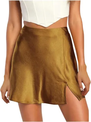 Women's Satin Split Slit Mini Skirt High Waisted Elastic Waist Sexy A-Line Silk Soft Elegant Short Skirts 2025