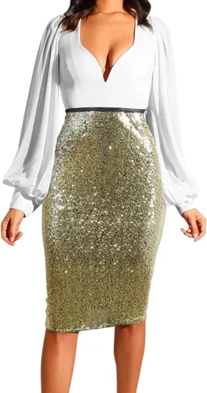 Women's Sequins Skirt High Waist Slim Hip Skirt Sparkle Mini Skirt Middle Length Sexy Business Half Body Skirt