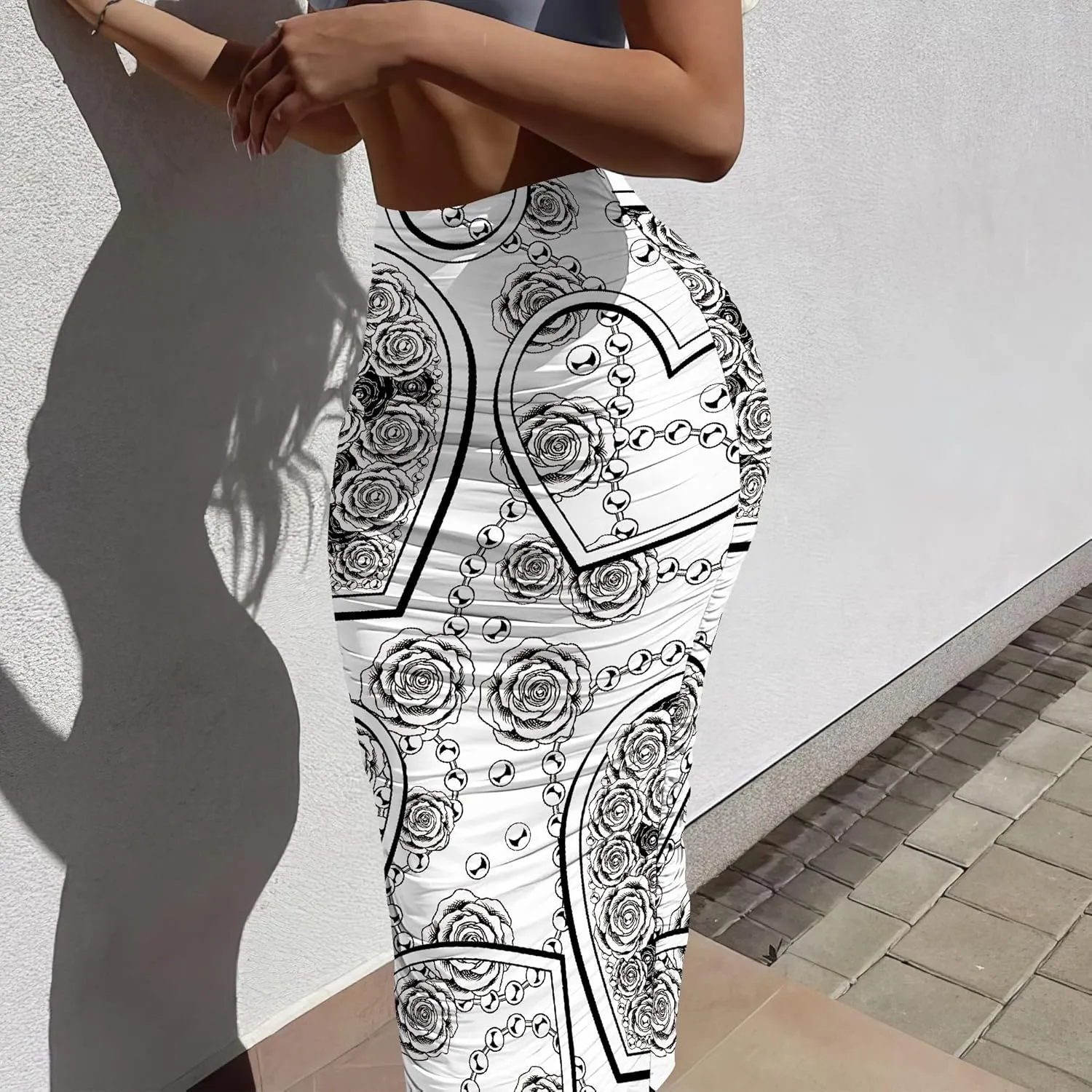 Women's Sexy Ruched High Waist Bodycon Party Club Night Out Pencil Suit Skirt Elegant Stretchy Work Skirt Dress Below Knee