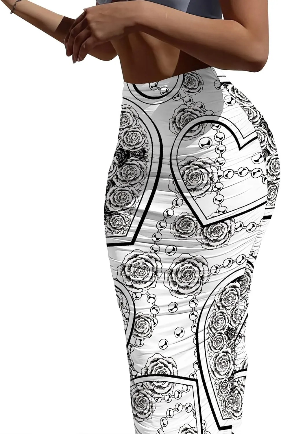 Women's Sexy Ruched High Waist Bodycon Party Club Night Out Pencil Suit Skirt Elegant Stretchy Work Skirt Dress Below Knee