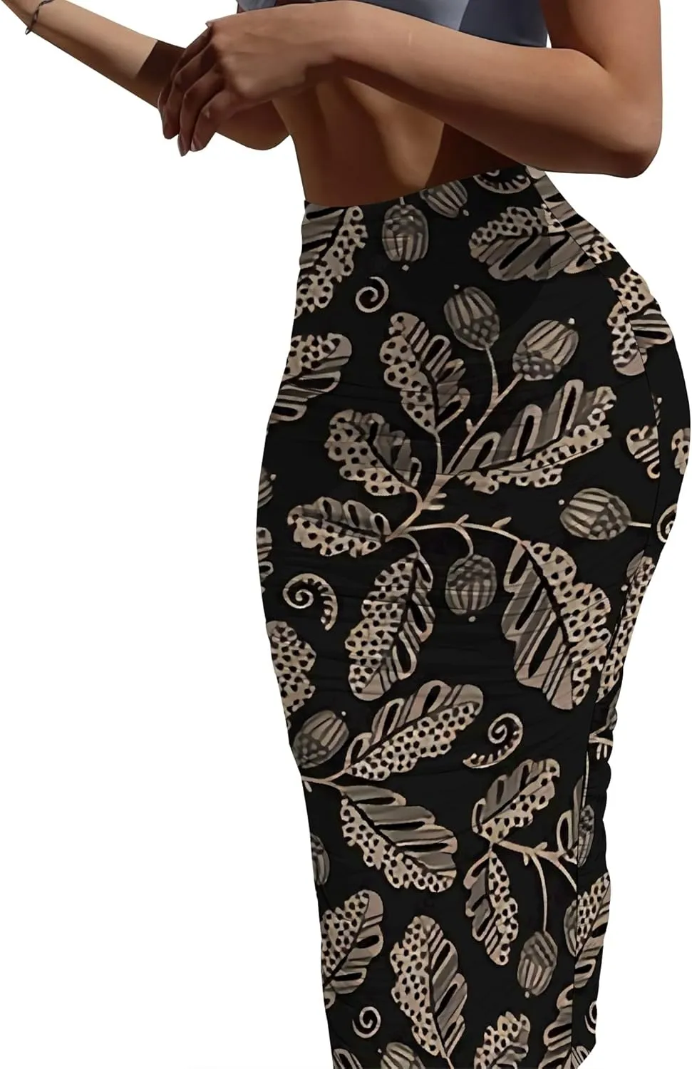 Women's Sexy Ruched High Waist Bodycon Party Club Night Out Pencil Suit Skirt Elegant Stretchy Work Skirt Dress Below Knee