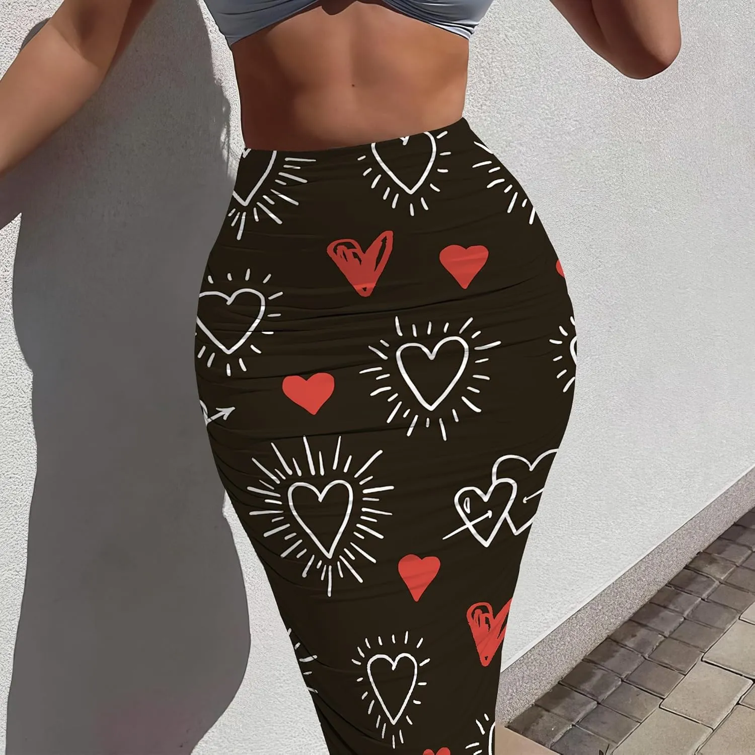 Women's Sexy Ruched High Waist Bodycon Party Club Night Out Pencil Suit Skirt Elegant Stretchy Work Skirt Dress Below Knee