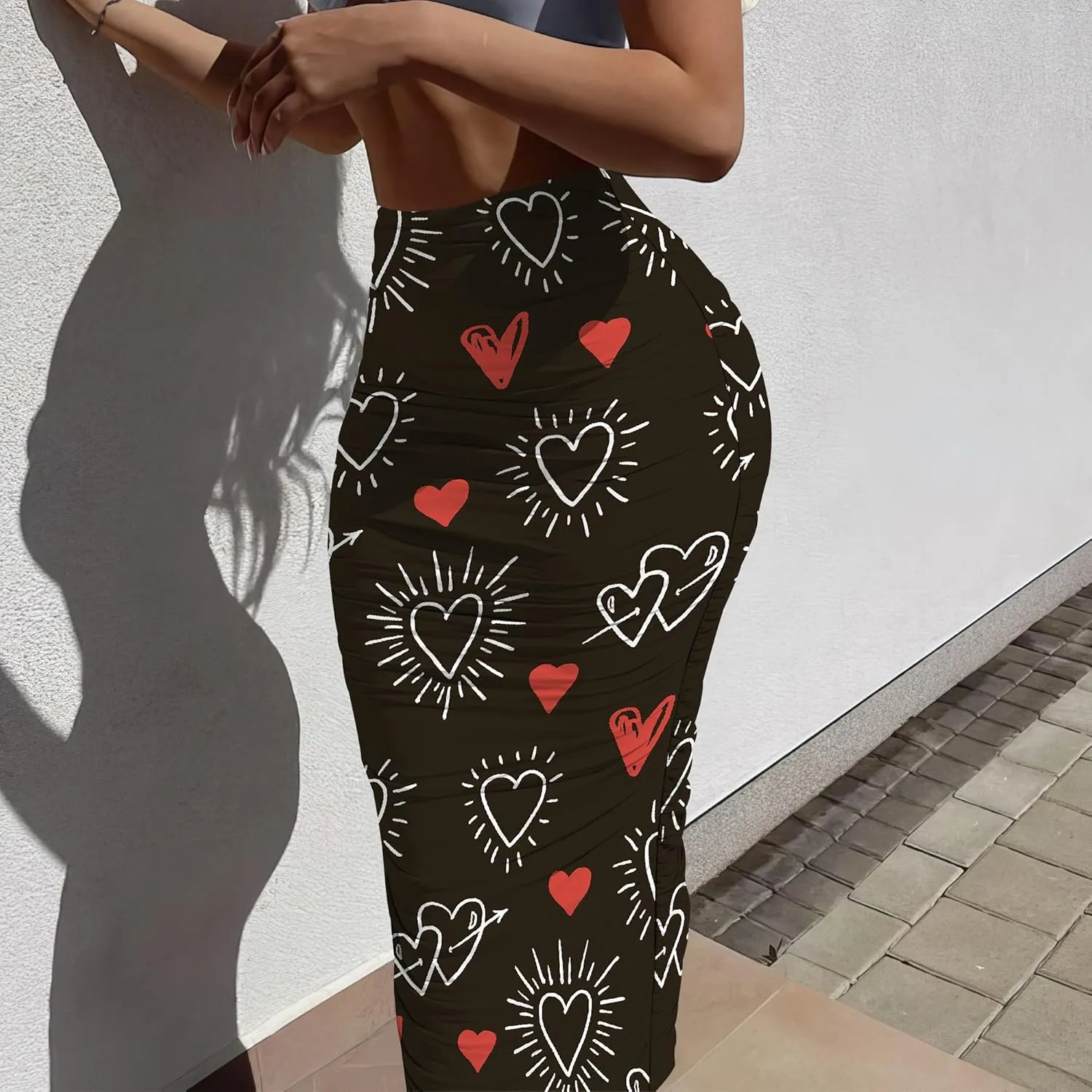Women's Sexy Ruched High Waist Bodycon Party Club Night Out Pencil Suit Skirt Elegant Stretchy Work Skirt Dress Below Knee
