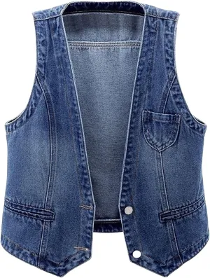 Womens Sleeveless Denim Vest V Neck Button Down Jean Waistcoat Y2K Casual Trendy Loose Fit Lightweight Jackets with Pockets