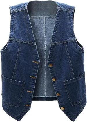 Womens Sleeveless Denim Vest V Neck Button Down Jean Waistcoat Y2K Casual Trendy Loose Fit Lightweight Jackets with Pockets