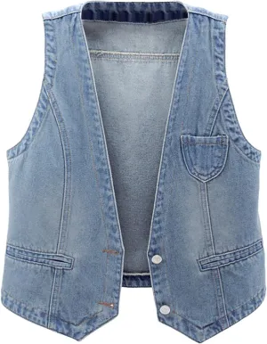 Womens Sleeveless Denim Vest V Neck Button Down Jean Waistcoat Y2K Casual Trendy Loose Fit Lightweight Jackets with Pockets