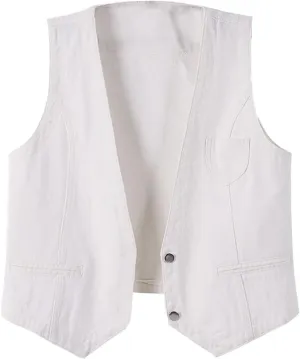 Womens Sleeveless Denim Vest V Neck Button Down Jean Waistcoat Y2K Casual Trendy Loose Fit Lightweight Jackets with Pockets