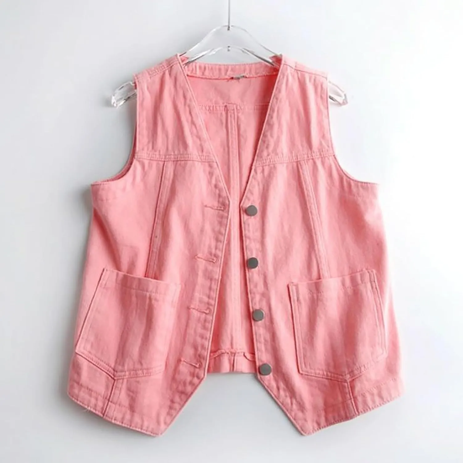 Womens Sleeveless Denim Vest V Neck Button Down Jean Waistcoat Y2K Casual Trendy Loose Fit Lightweight Jackets with Pockets