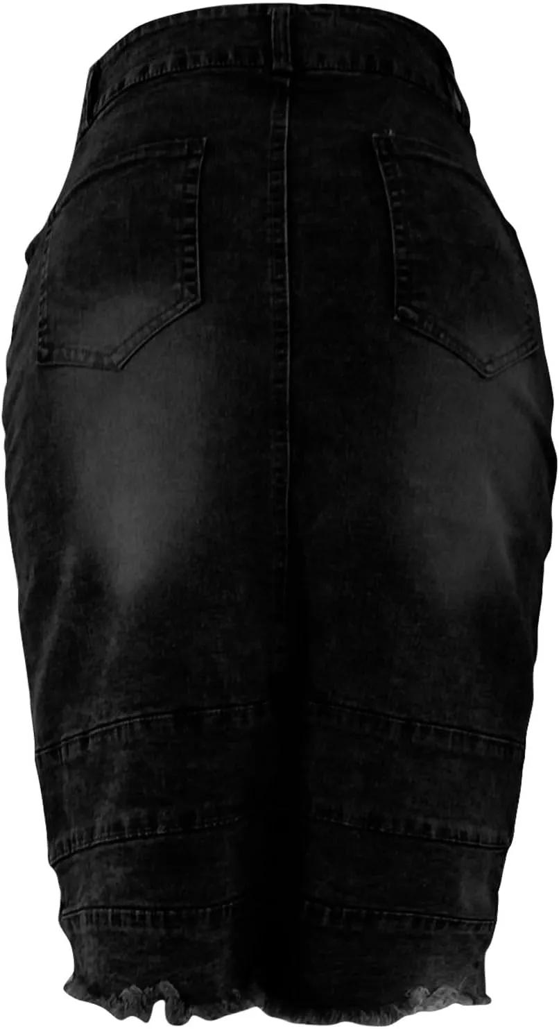 Women's Slit Midi Denim Skirt Distressed Ripped Stretch Jean Midi Length Skirts Slim Fit Bodycon Long Pencil Skirt