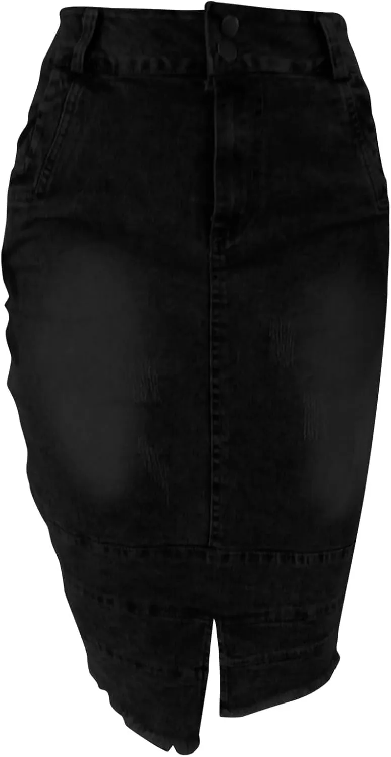 Women's Slit Midi Denim Skirt Distressed Ripped Stretch Jean Midi Length Skirts Slim Fit Bodycon Long Pencil Skirt