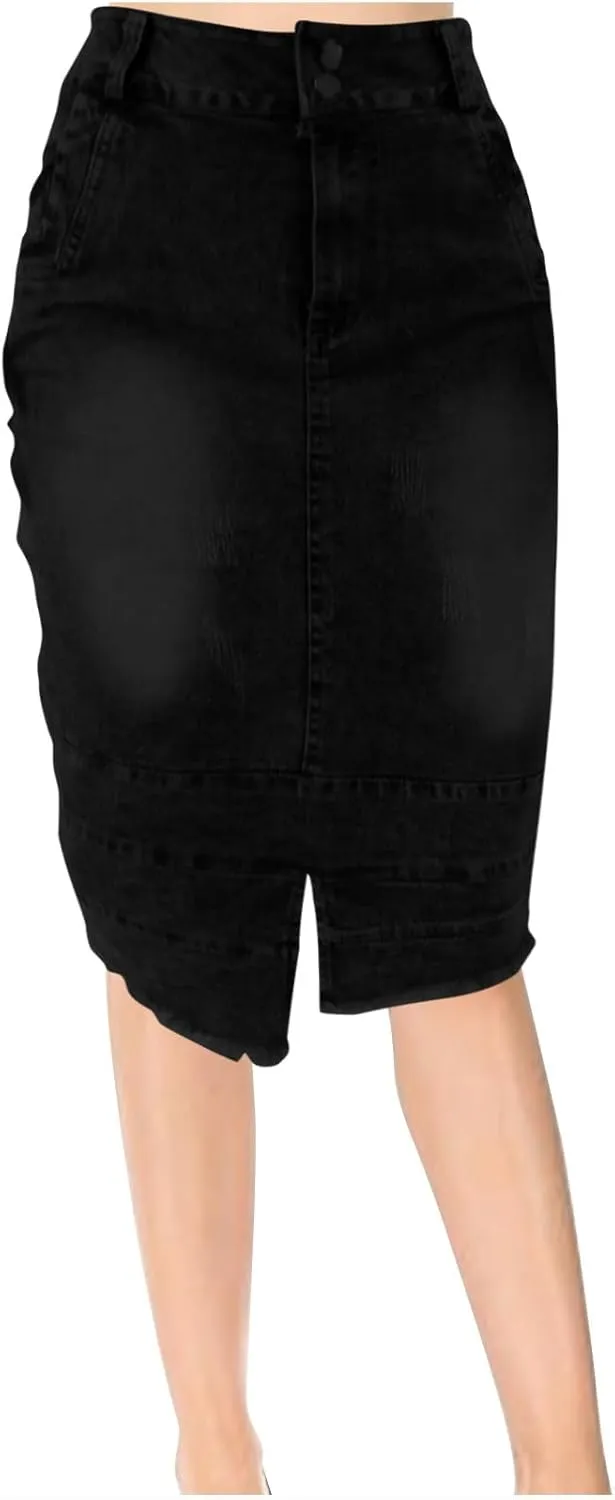Women's Slit Midi Denim Skirt Distressed Ripped Stretch Jean Midi Length Skirts Slim Fit Bodycon Long Pencil Skirt