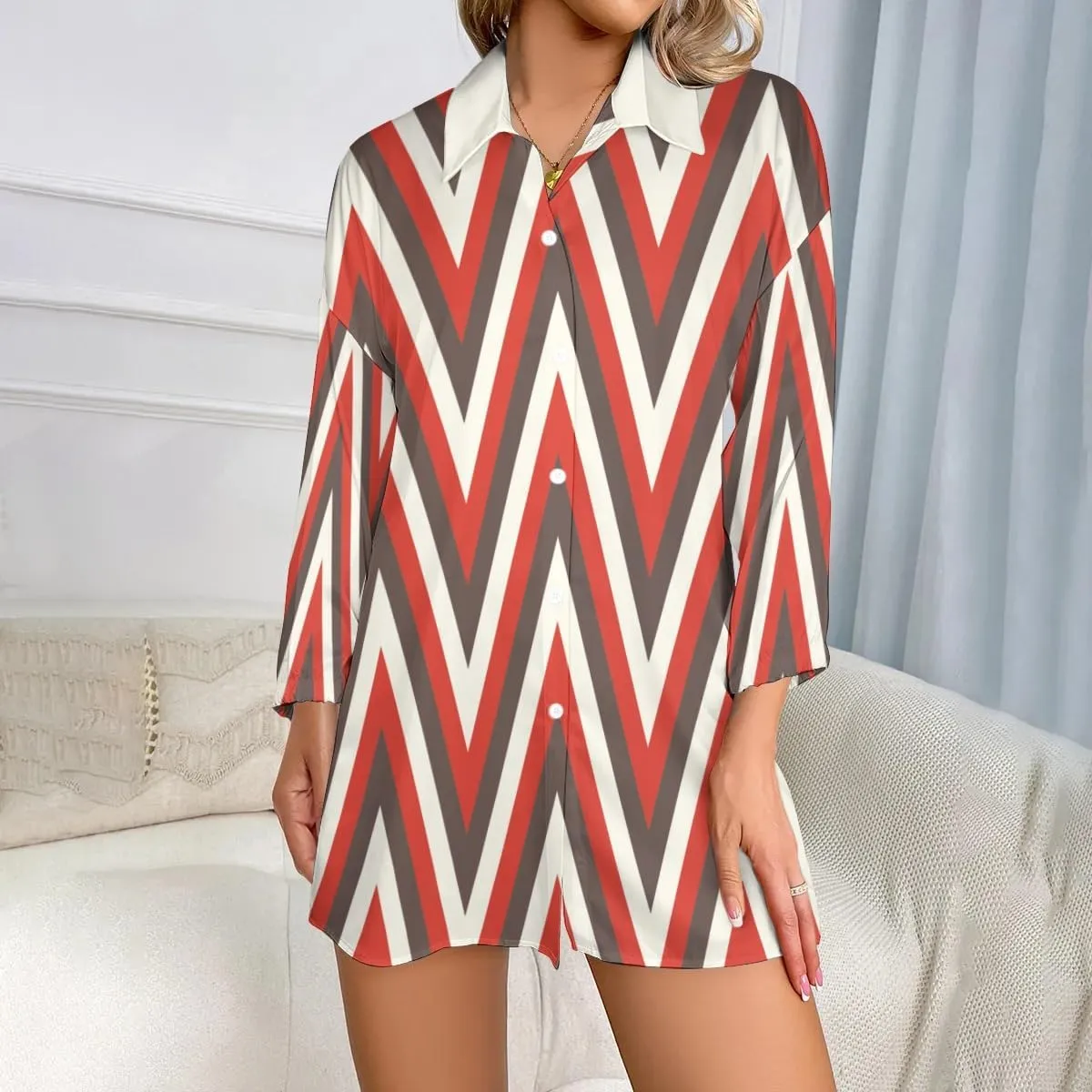 Womens Soft Comfy Shirt Dress Stripe1 Button-Down Night Dress Nightshirt Long Sleeve Sleep Shirt