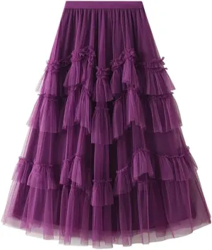 Women's Solid Midi Skirt A-Line Tiered High Elastic Waist Pleated Skirt