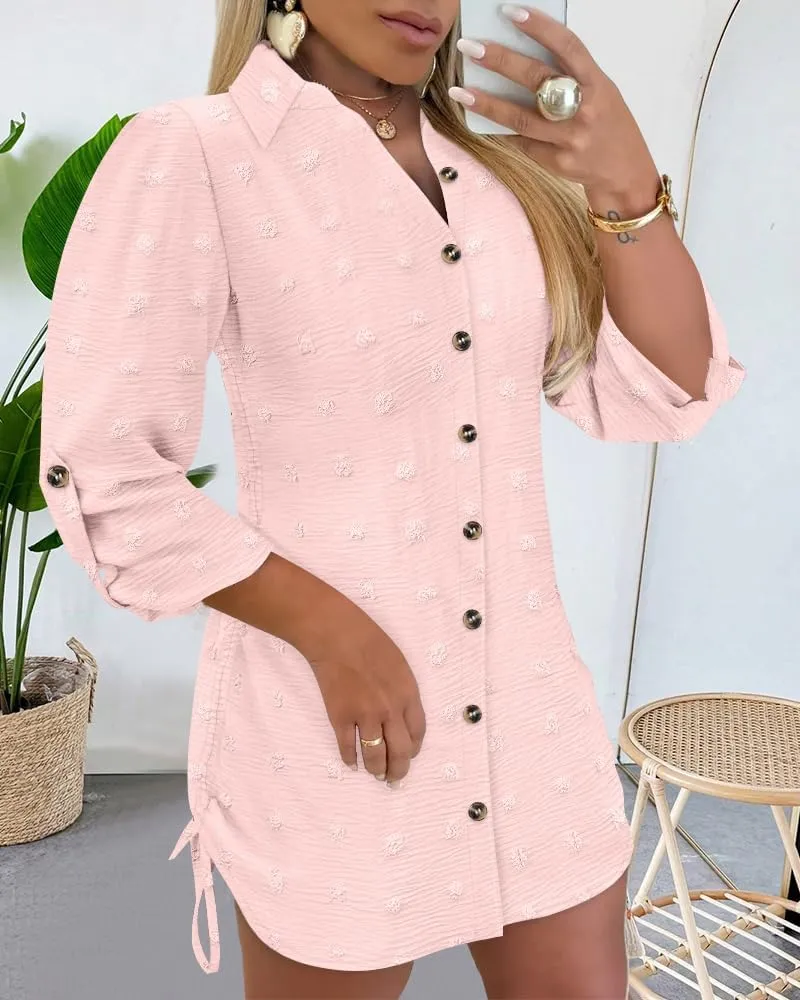 Womens Spring Casual Dress 2025 Swiss Dot Long Sleeve Shirt Dress Casual Button Down Dressy Dress