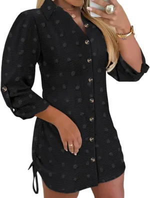 Womens Spring Casual Dress 2025 Swiss Dot Long Sleeve Shirt Dress Casual Button Down Dressy Dress