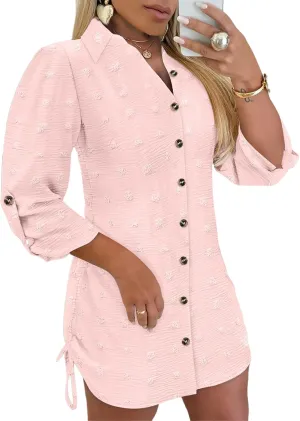 Womens Spring Casual Dress 2025 Swiss Dot Long Sleeve Shirt Dress Casual Button Down Dressy Dress