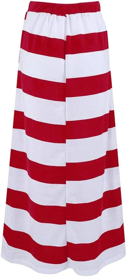 Womens Stripe Hight Waist Maxi Long Skirt Drawstring Ankle Length Skirt Casual High Waist Skirts with Pockets