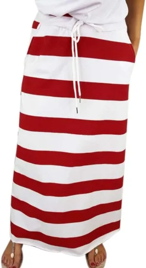 Womens Stripe Hight Waist Maxi Long Skirt Drawstring Ankle Length Skirt Casual High Waist Skirts with Pockets