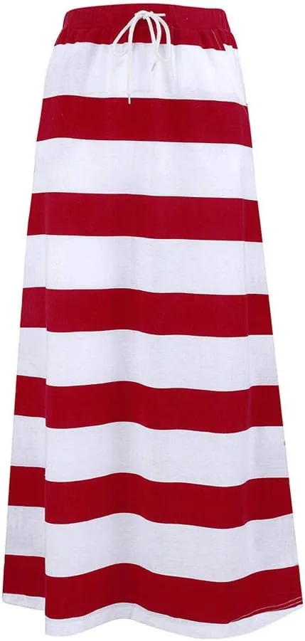 Womens Stripe Hight Waist Maxi Long Skirt Drawstring Ankle Length Skirt Casual High Waist Skirts with Pockets