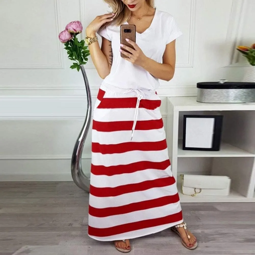 Womens Stripe Hight Waist Maxi Long Skirt Drawstring Ankle Length Skirt Casual High Waist Skirts with Pockets