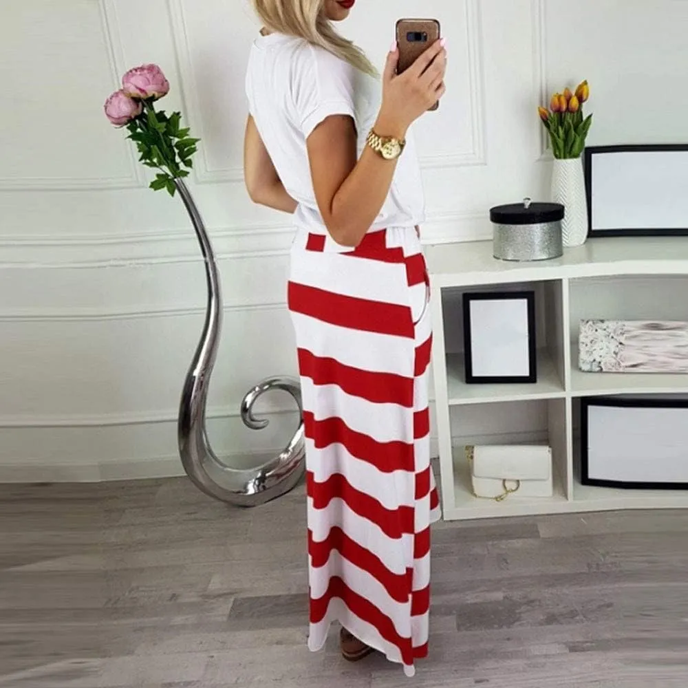Womens Stripe Hight Waist Maxi Long Skirt Drawstring Ankle Length Skirt Casual High Waist Skirts with Pockets